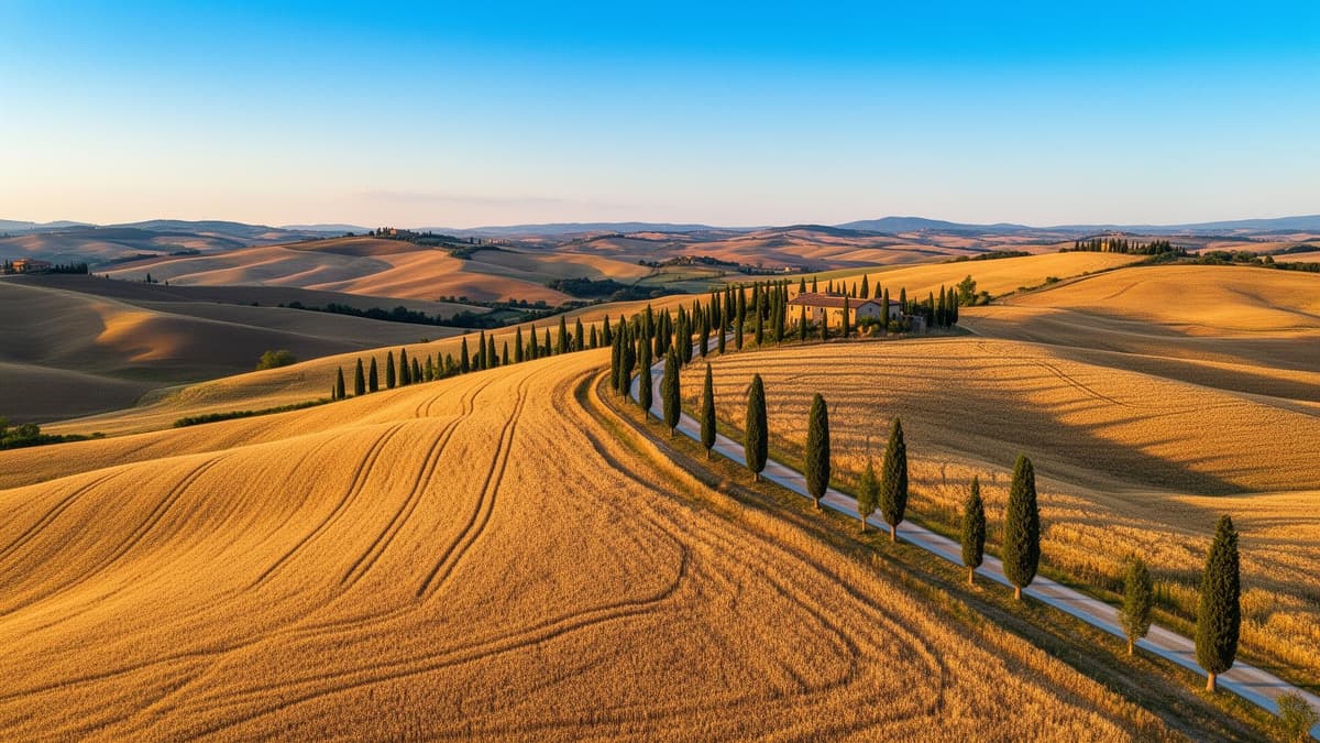Tuscan vineyards at sunset
